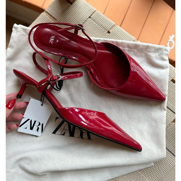 ZARA Red Patent Slingback Heels NWT – Pointed Toe Kitten Heels, Size 7.5 & 8 - Picture 8 of 16